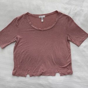 Leith Nordstrom Dusty Rose Pink Micro Stripe Crop Tee Shirt Notch Neck Top S